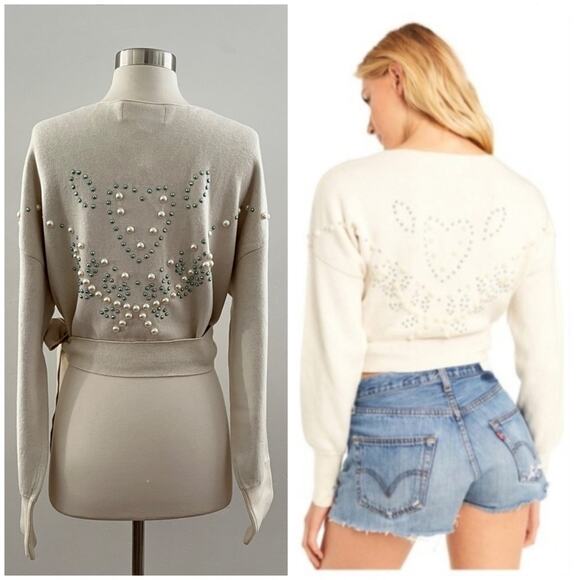 Wildfox Wilder Pearl Tie Wrap Sweater Embellished Beaded Cropped Cream Large NWT - Picture 2 of 15